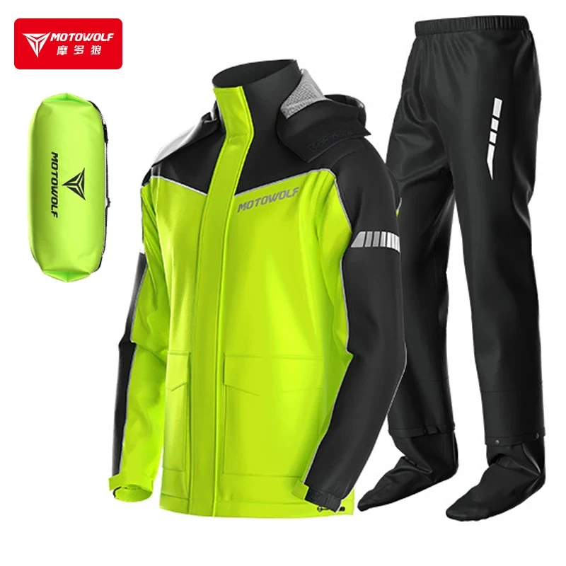 MOTOWOLF Waterproof Riding Raincoat Set Men Stylish Color Matching Rain Gear With Hidden Boot Covers & Safety Reflective Stripes