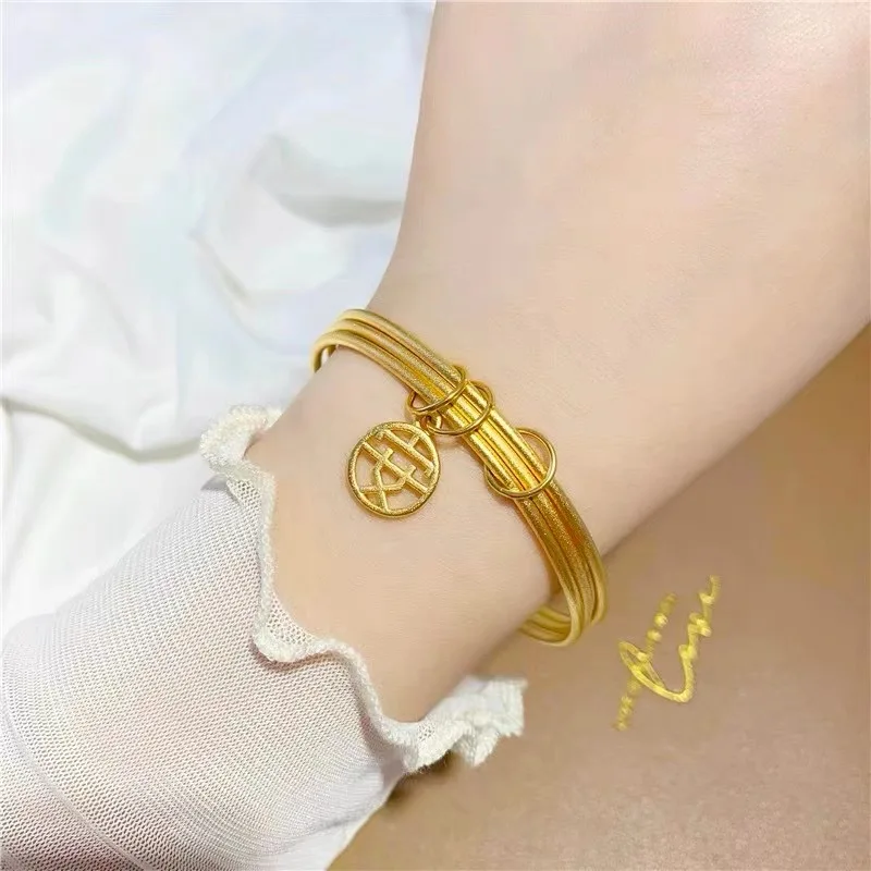 High quality AU750 gold three lives three generations women\'s simple temperament 24K gold three circle bracelet does not fade