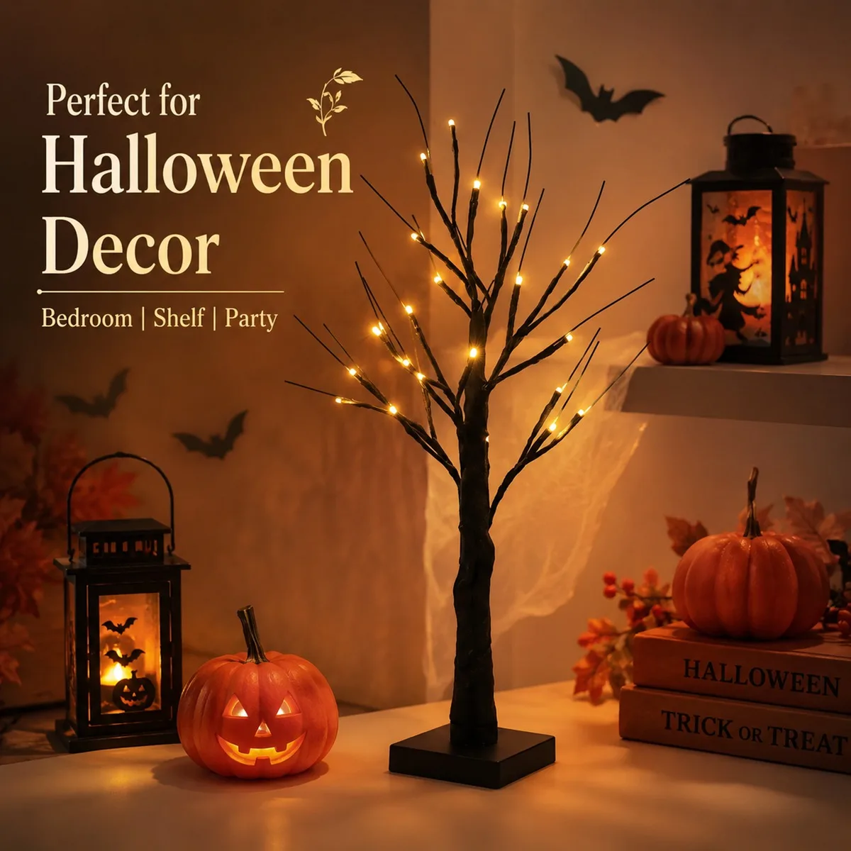 1pc Halloween Mini Tabletop Lighted Tree Black Bare Bendable Twig Tree Warm White LED Battery Powered For Bedroom Mantel Decor
