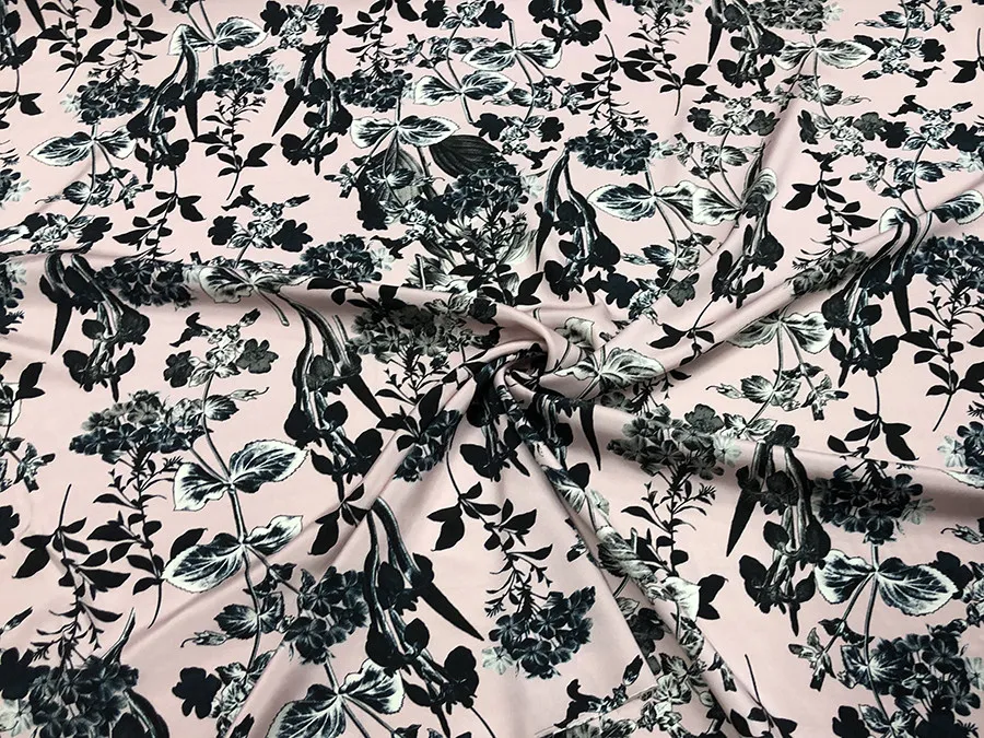 Designer Cloth 30 Momme Elastic Heavy Crepe Silk Clothing Fabric Light Foundation Black and White Floral Inkjet Dress