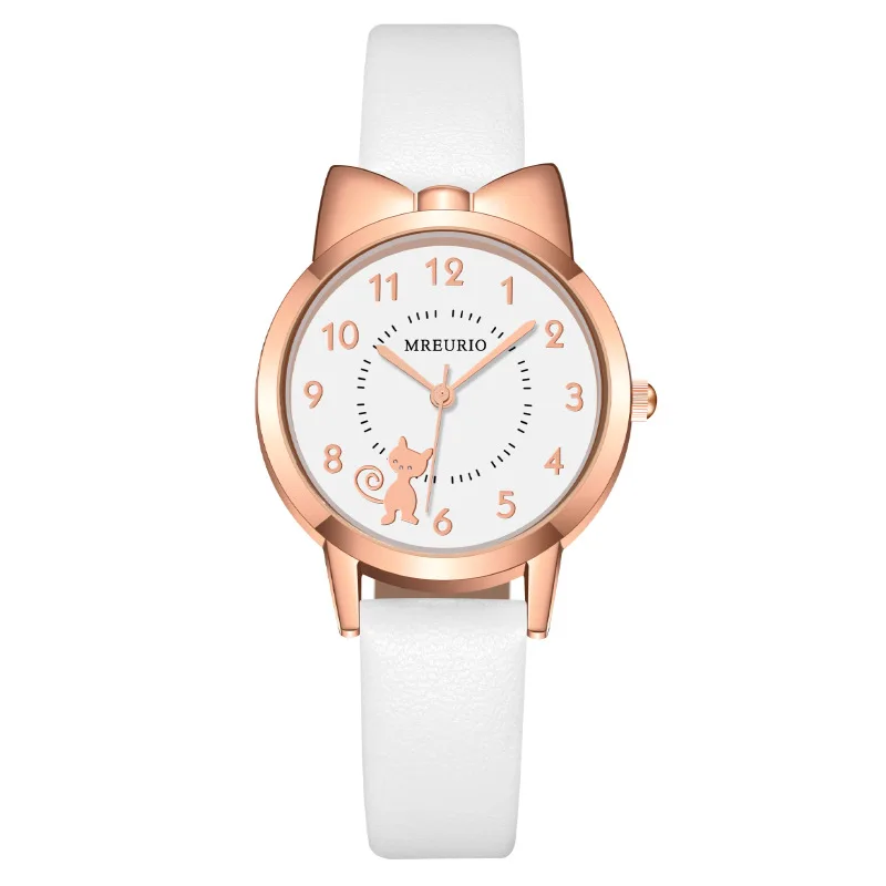 가죽 스트랩 쿼츠 시계 어린이 손목시계, 학생 소녀 시계, 귀여운 고양이 활 디지털 시계, 패션