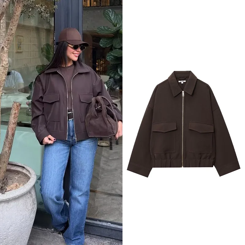 

HipSeam Женская куртка с карманами Осенняя повседневная куртка с длинным рукавом Простой отложной воротник на молнии с длинным рукавом Женские пальто Женские топы