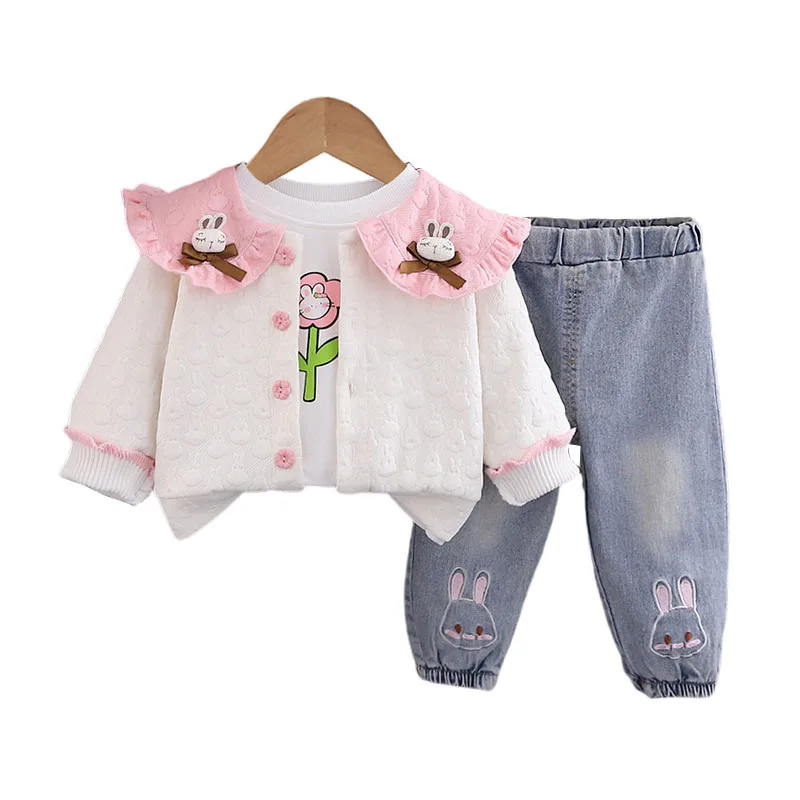 

Baby Girl Designer Luxury Clothes 2024 Fall Lovely Rabbits Cardigan Jackets + T-shirts + Pants Kids Set Girls Boutique Outfits