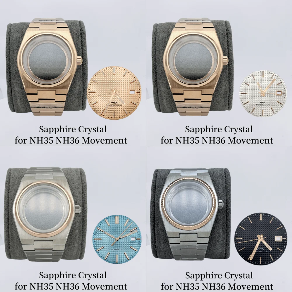 

Top 40MM Rose Gold Silver Case Strap Set for Modified PRX Super-Player Case NH35 NH36 Movement Sapphire Glass Through Bottom