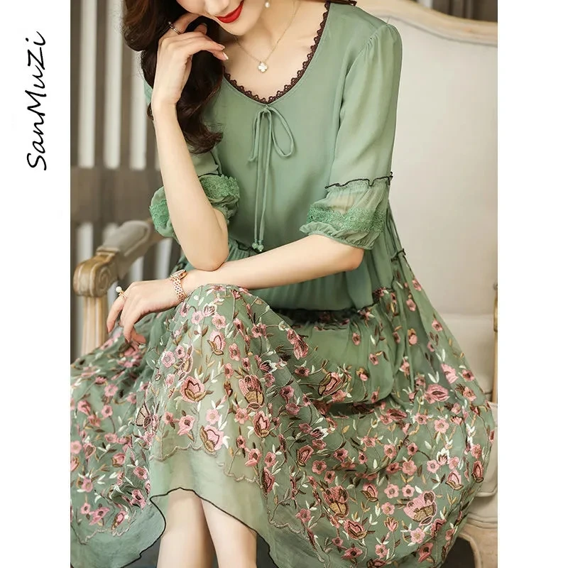 2023Summer Dress Mother Heavy Embroidered Flower High-End Dress Female Spring High-End Imitation Mulberry Silk Floral Dress