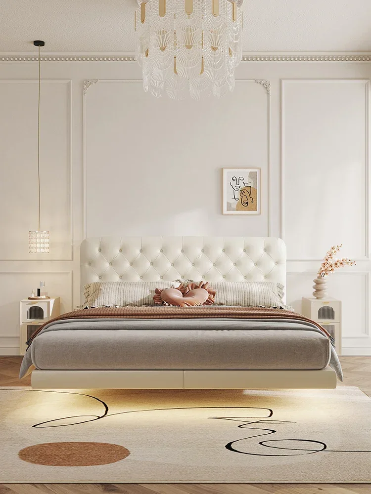 Light luxury cream style suspension bed, master bedroom, soft bag bed, 1.8m marriage bed, suspended leather bed