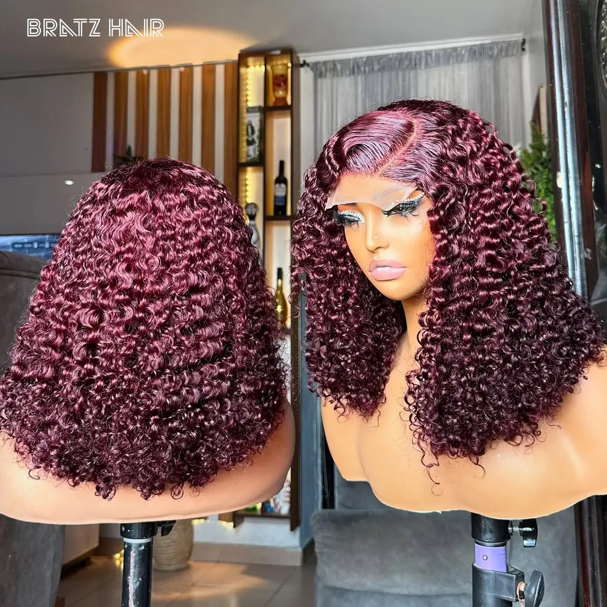 

Super Double Drawn Kinky Curly 99j Burgundy Wig Human Hair Wine Color 13x4 Lace Frontal Deep Curly Bob Wig Pre Plucked 4x4 Bob