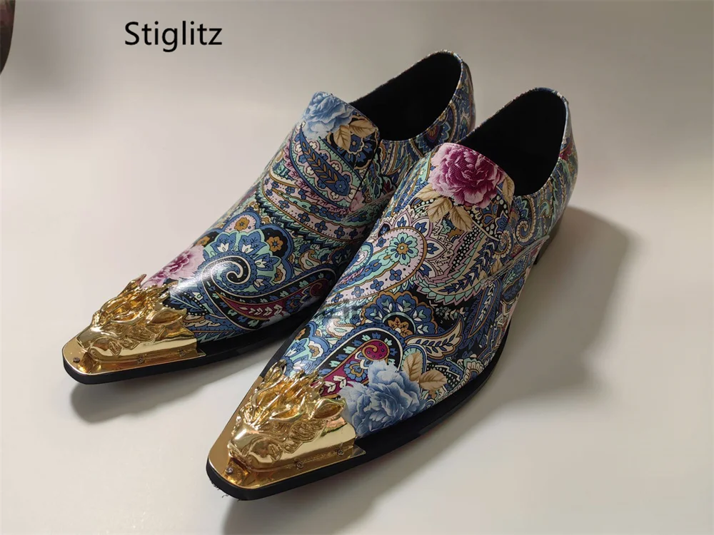 Flower Print Genuine Leather Dress Shoes for Men Trendy Metal Pointy Toe Slip On Loafers Runway Stage Casual Business Shoes