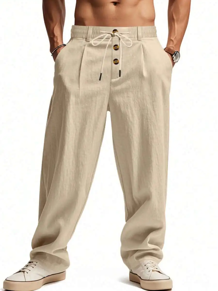 Mid Rise Solid Button Cotton Linen Trousers, Men Loose Breathable Versatile Long Pants, Lightweight Spring Summer Daily Workout