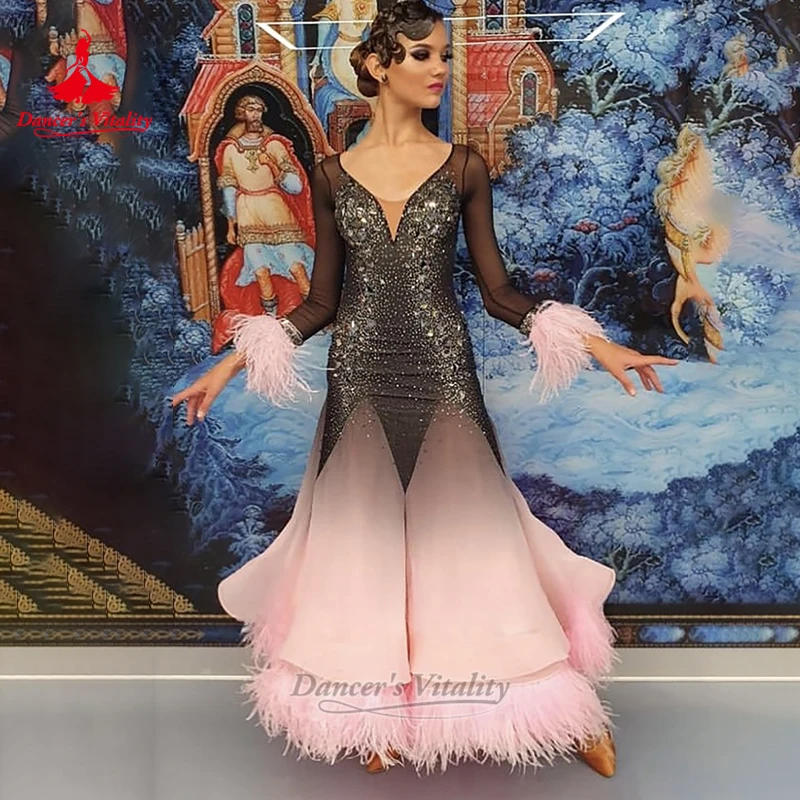 Adult Social Dance Long Sleeves Gradient Color Dress Custom Female Waltz Quickstep Perform&Contest Clothing Dancer's Vitality