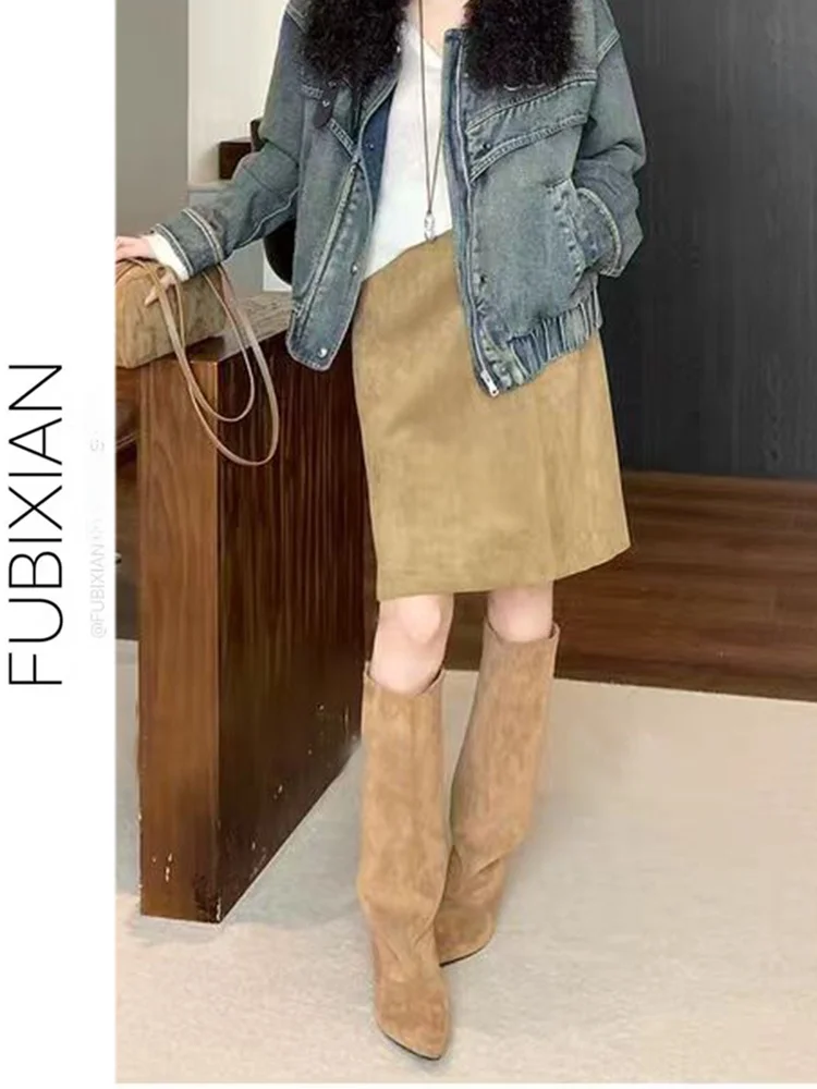 

Khaki Suede Skirt Women's Fashion High Waist Slim Fit Back Split Style Korean Girl's Polyester Fiber Bodycon Skirt