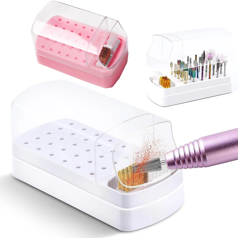 

2in 1 30 Holes Nail Drill Bit Holder Stand Display Organizer Dust Proof Storage Container Box Case for Home Use or Nail Salon