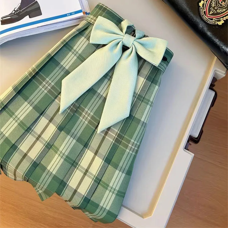 Women High Waist Plaid Pleated Skirt With Bowtie Harajuku Mini Japanese Preppy Schoolgirl Uniform Kawaii Skirts Cosplay Costume