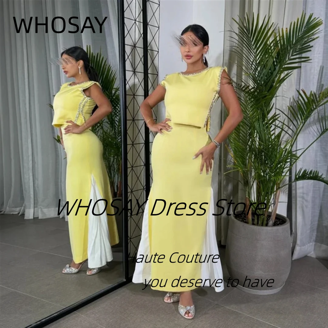 

WHOSAY Customized Capped Sleeves Prom Dresses Scoop Neck Beading Birthday Party Dress Ankle Length Evening Gowns Contrast Color