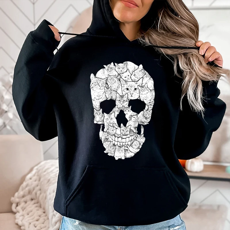 Cat Skull Printed Women\'s Autumn and Winter Hoodies Fleece Sweatshirt Loose Tops