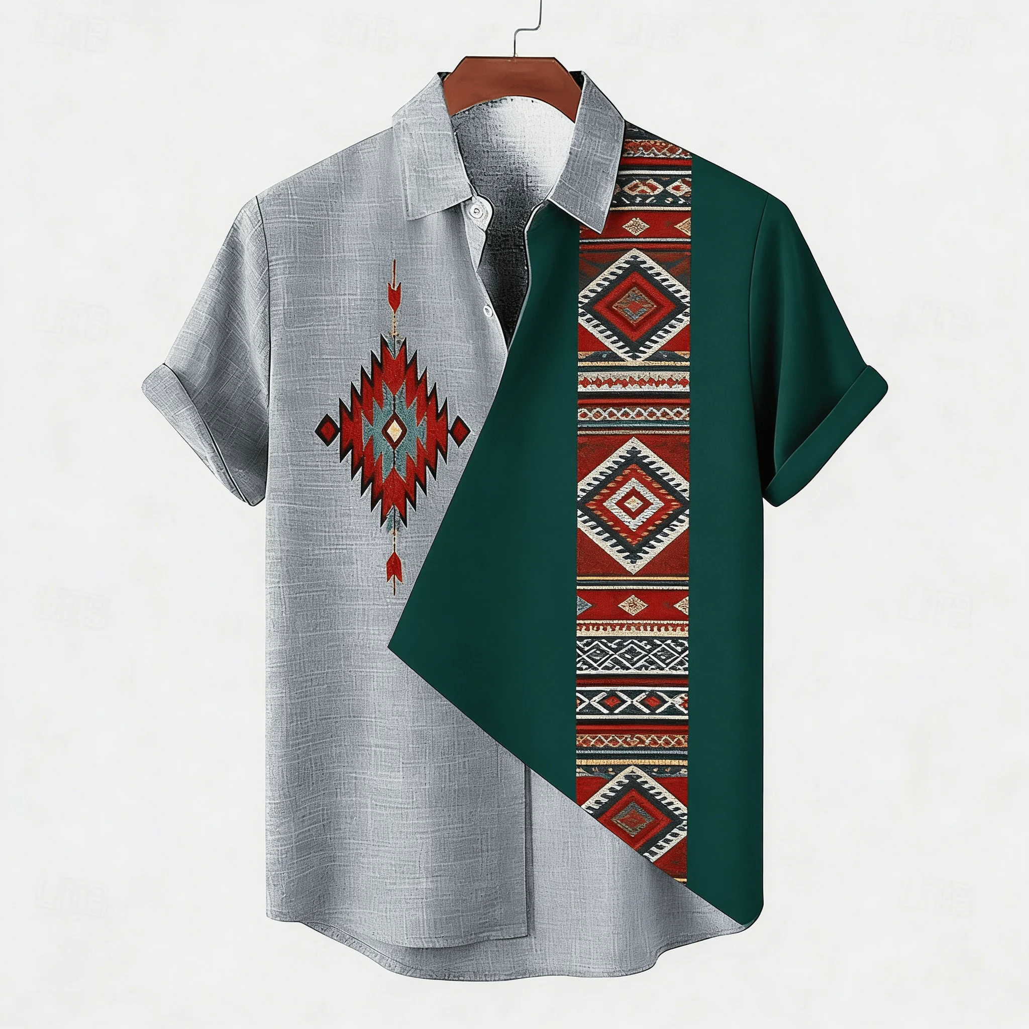 Men's Ethnic Aztec Geometric Print Short Sleeve Shirt, Pattern with Color Block Design Button Down for Spring Summer