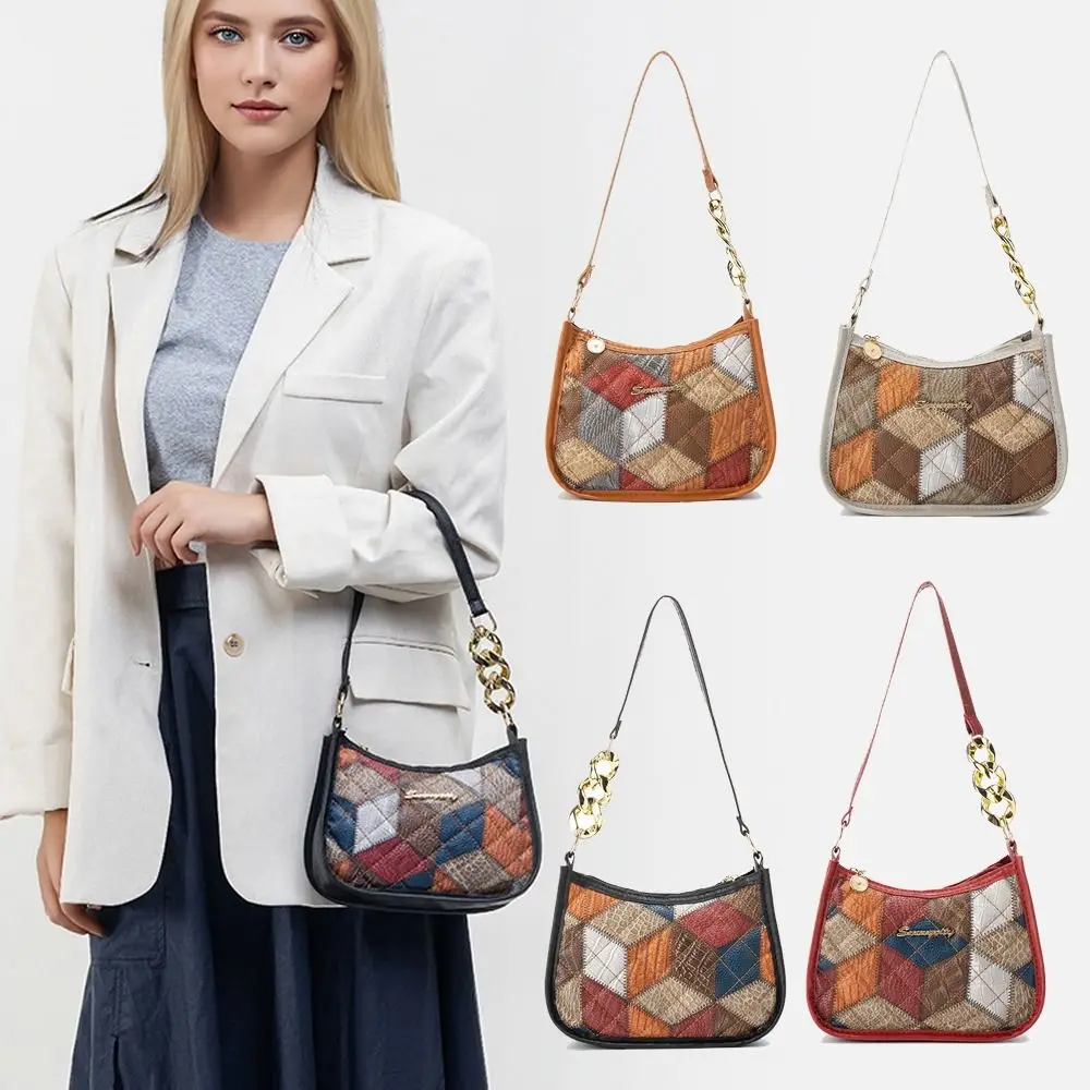 Versatile Colour Blocking Leather Handbag Ethnic Style Luxury Design Underarm Bag Vintage Single Shoulder Bag