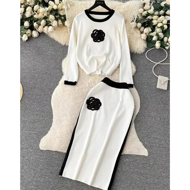 

Women's Autumn Winter Graceful Floral Sweater Skirts Two-Piece Set Lady Spring Falls Knit Tops Wrap Hip Skirt Outfit New Kntwear