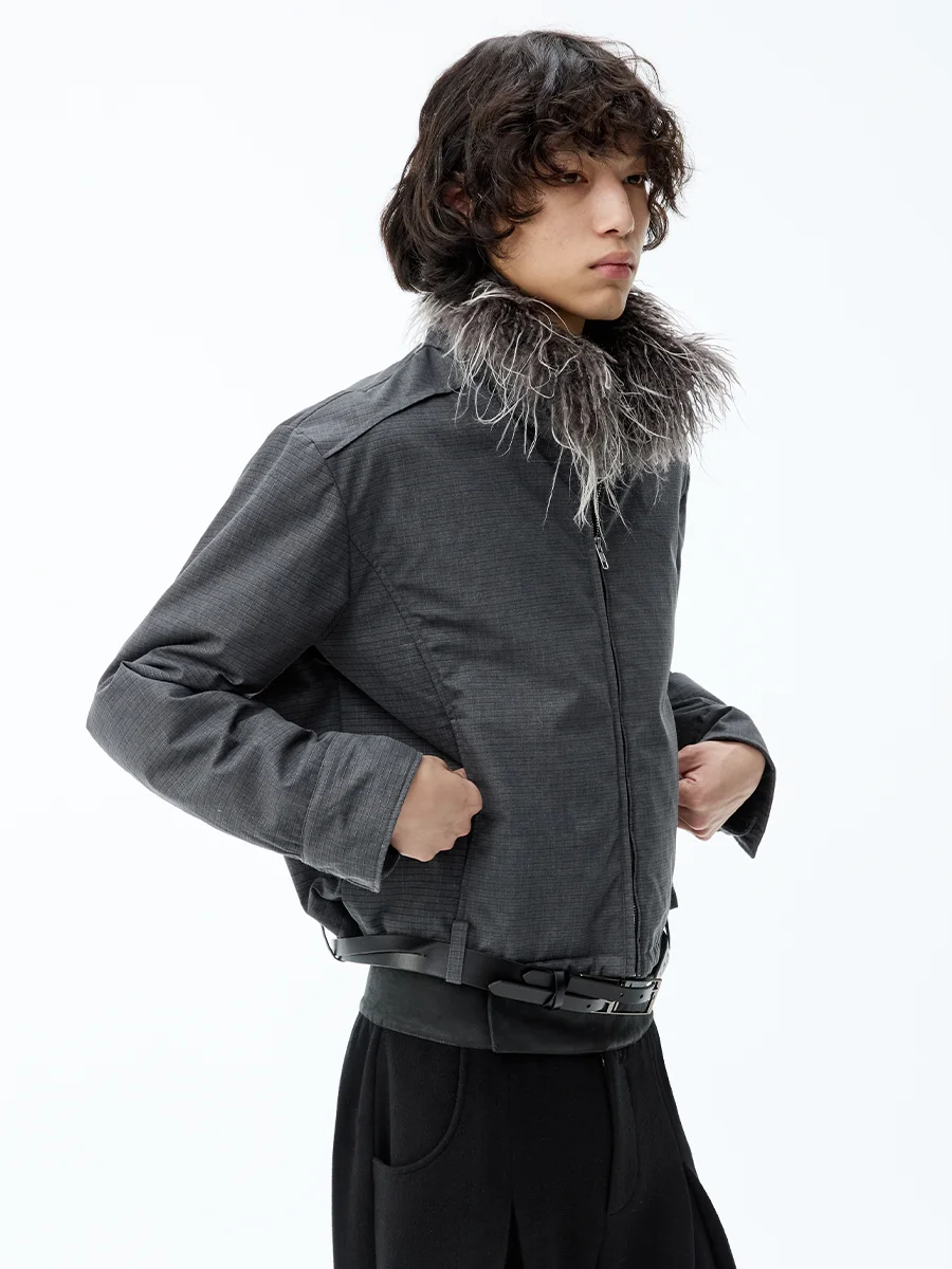 JCAESAR Detachable Washable Faux Fur Collar Waist Strap Jacket Grid Texture Two-Tone Youthful Standard Fit Polyester Cotton B...