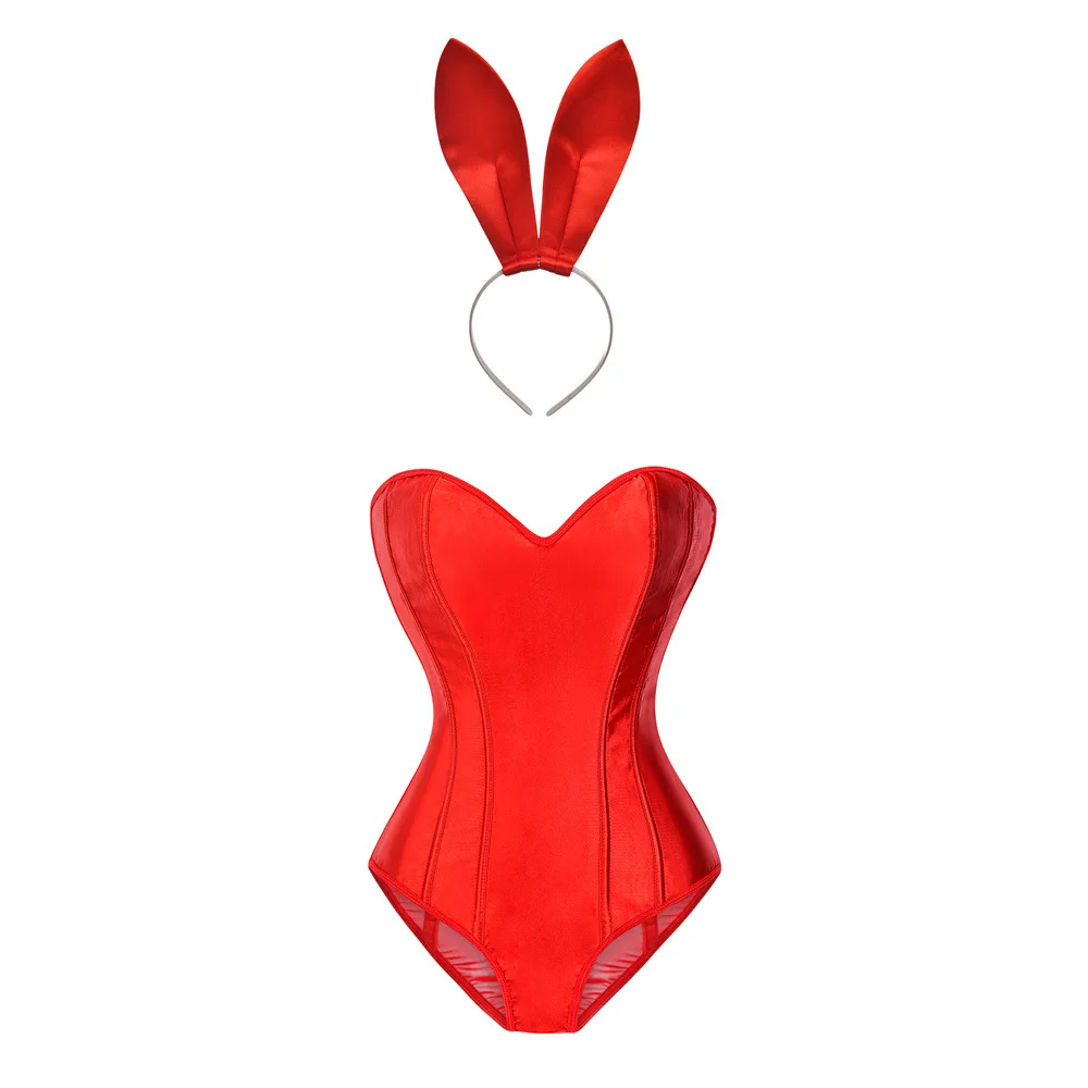 Sexy Cute Bunny Girl Red Shapewear Women Slim Lace-up Corset Mesh Jumpsuit One-piece Bodysuit for Party Club Hot Lingerie