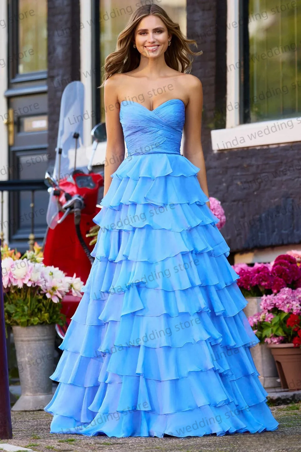 A Line Blue Prom Dress Multiple Layers Gala Gowns فساتين السهرةFormal Occasions Elegant Lady Backless Prom Party Dress