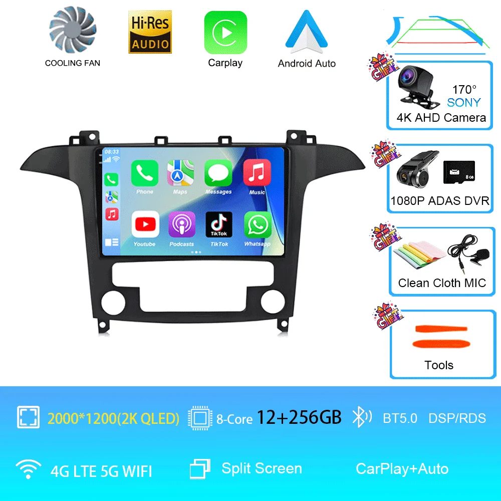 Android 16 voor Ford S-Max S-MAX 2007 2008 2009 2010 2011 - 2015 Videospeler Carplay Auto Multimedia Autoradio WIFI+4G DSP Stereo