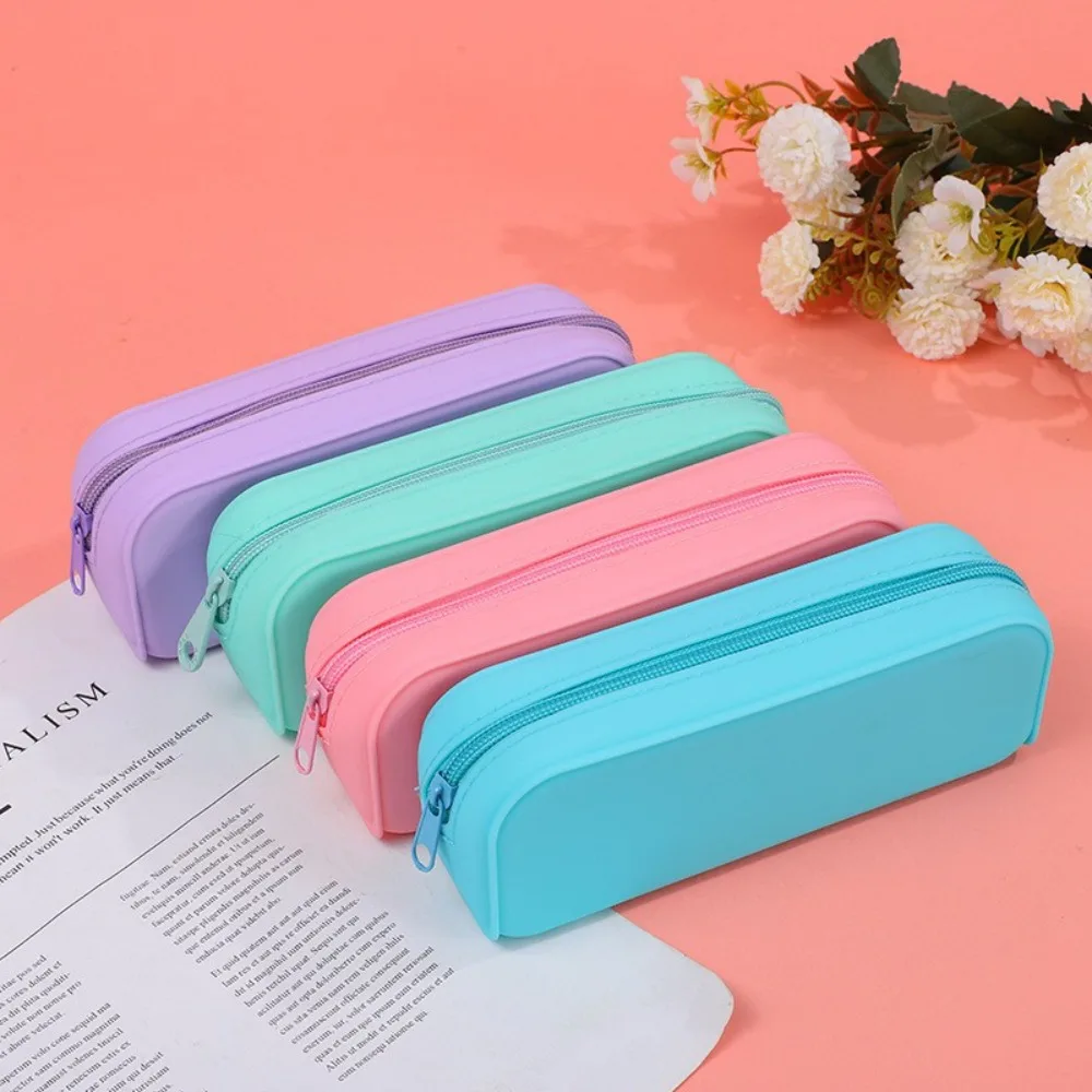 Minimalist Zippered Silicone Pencil Case Large Capacity Waterproof Pen Bag Candy Color Stationery Storage Pouch Student