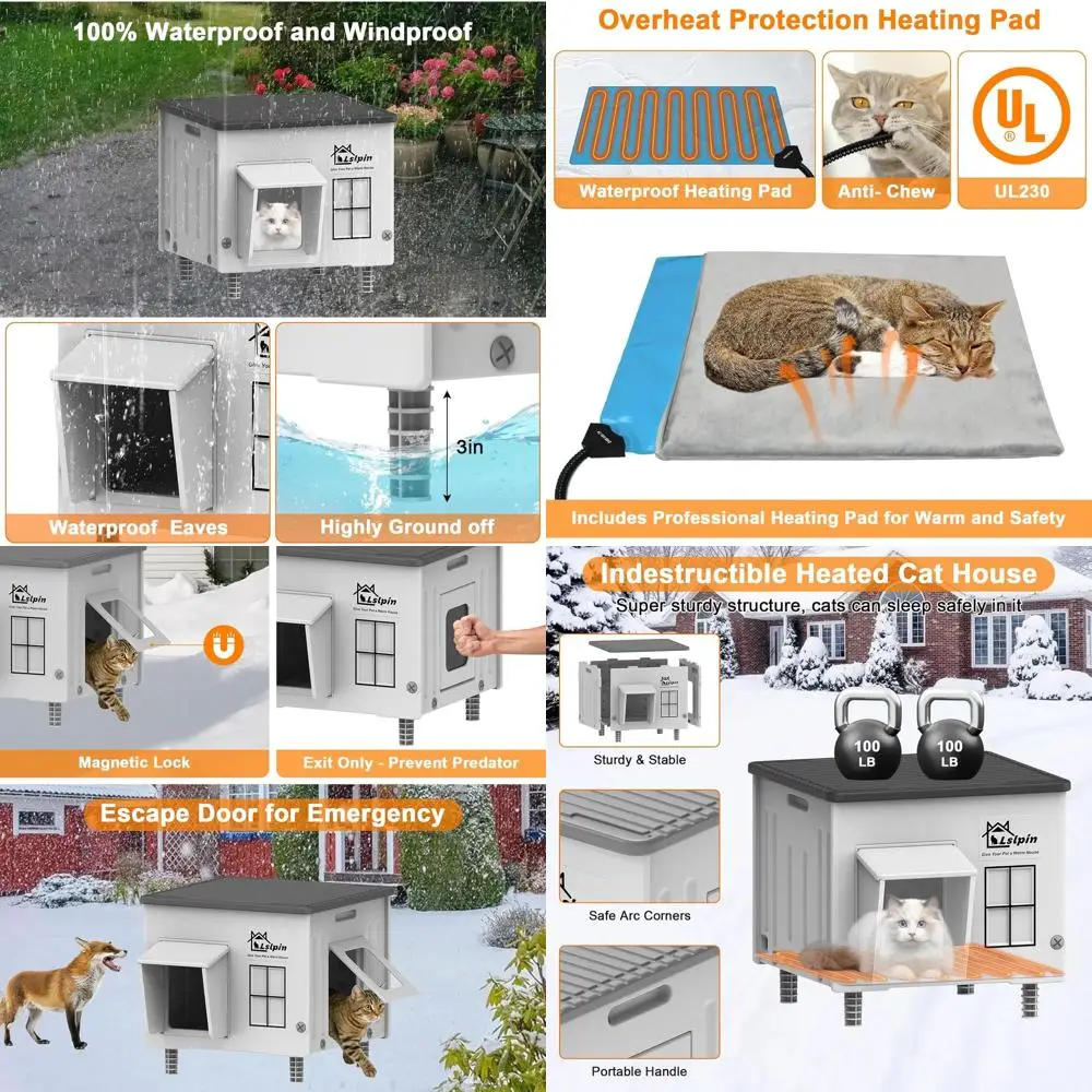 

Прочный уличный утепленный домик для кошек на зиму, всепогодный приподнятый укрытие для бездомных кошек, 17.7x14.9x17.5