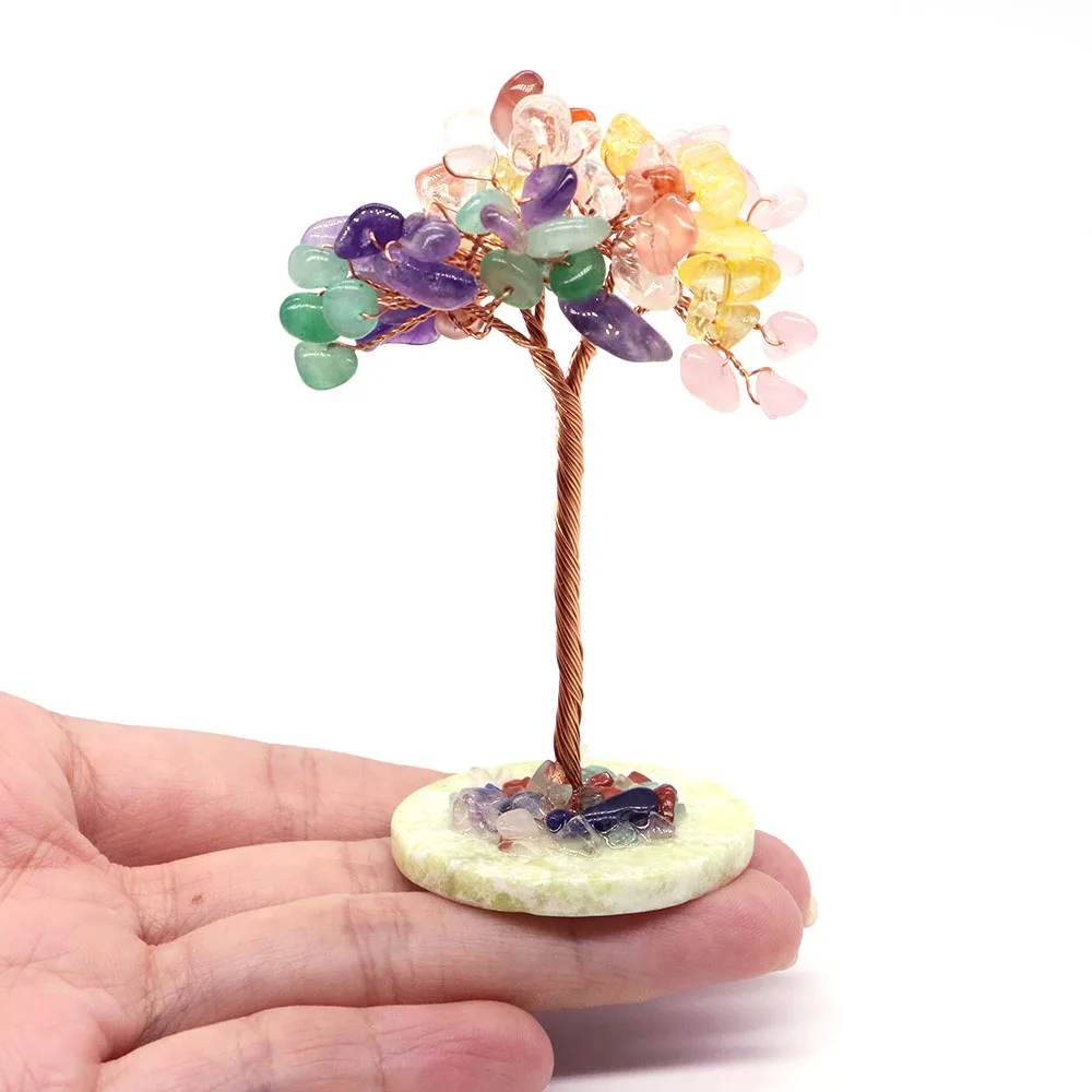Natural 7 Chakra Stone Healing Crystal Money Tree on Gemstone Base Feng Shui Crystals for Home Office Desk Decoration