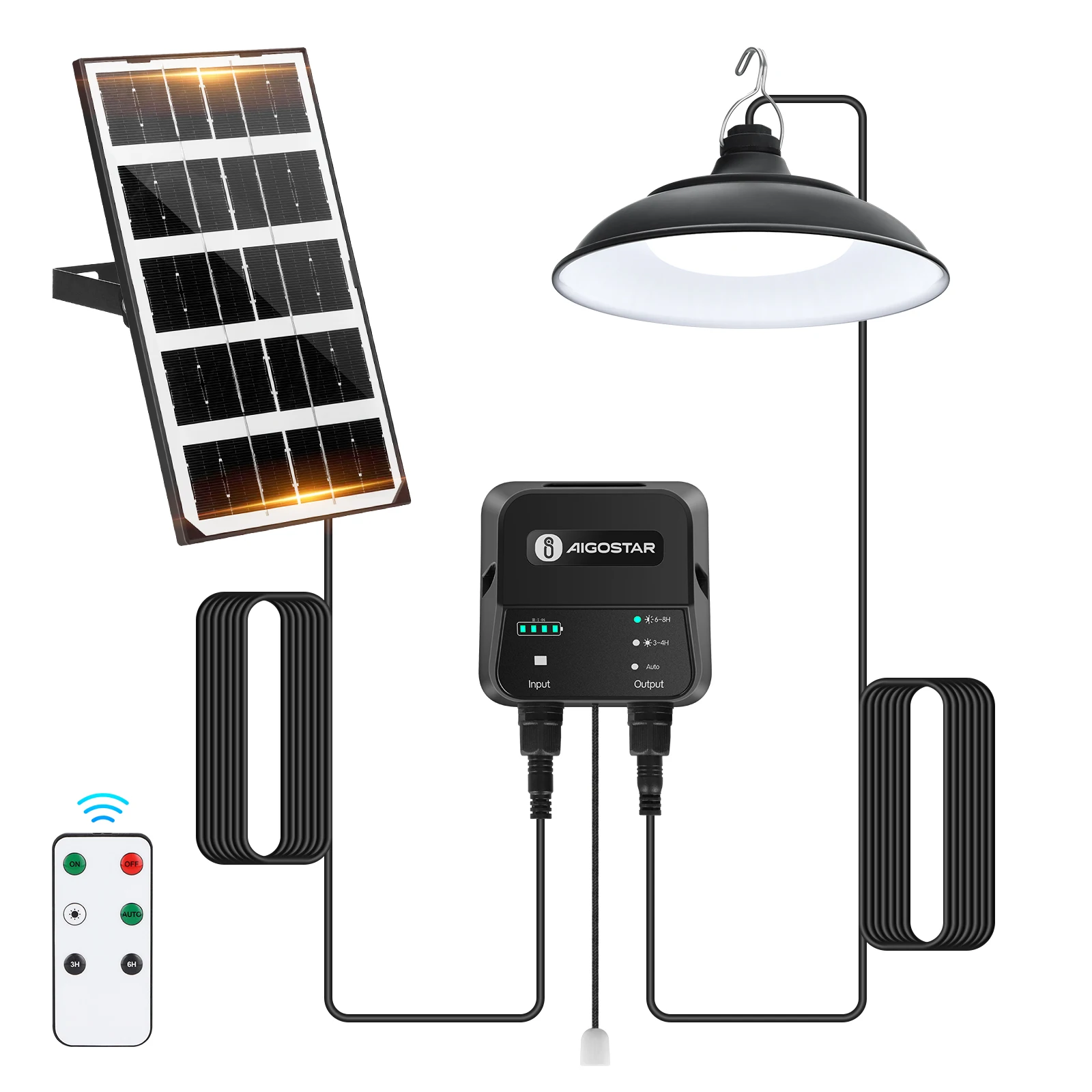 Aigostar Lámpara solar exterior con mando a distancia y cuerda de tracción,cable de 8 m,batería de gran capacidad de 3000 mAh,gran panel solar,IP65