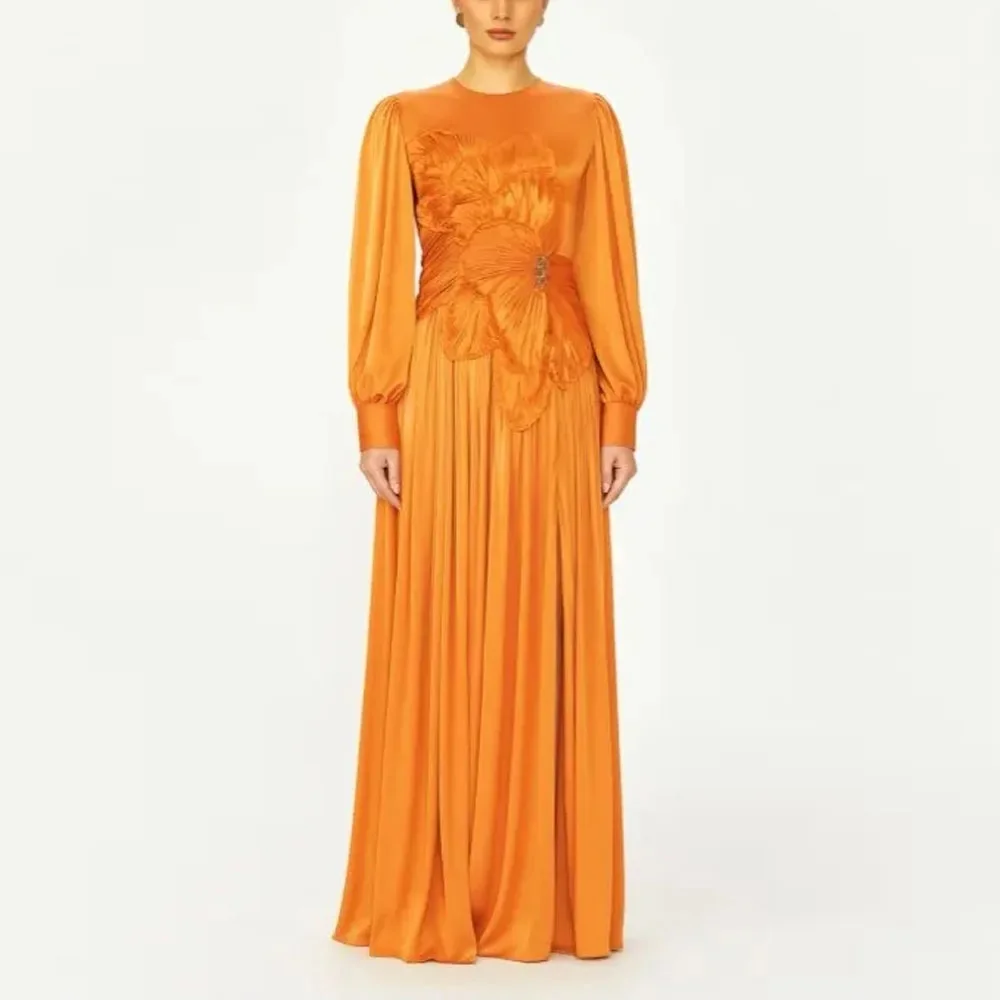 

Customized Orange Lantern Sleeve Prom Dresses for Women Pleat A Line Crepe Evening Party Gown O Neck Long Wedding Guest Dress