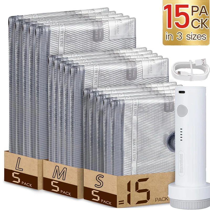 Paquete de 15 Bolsas de Compresión al Vacío para Viaje con Bomba de Aire Recargable, Tamaño de Equipaje de Mano, Bolsas Ahorradoras de Espacio para Ropa y Maletas