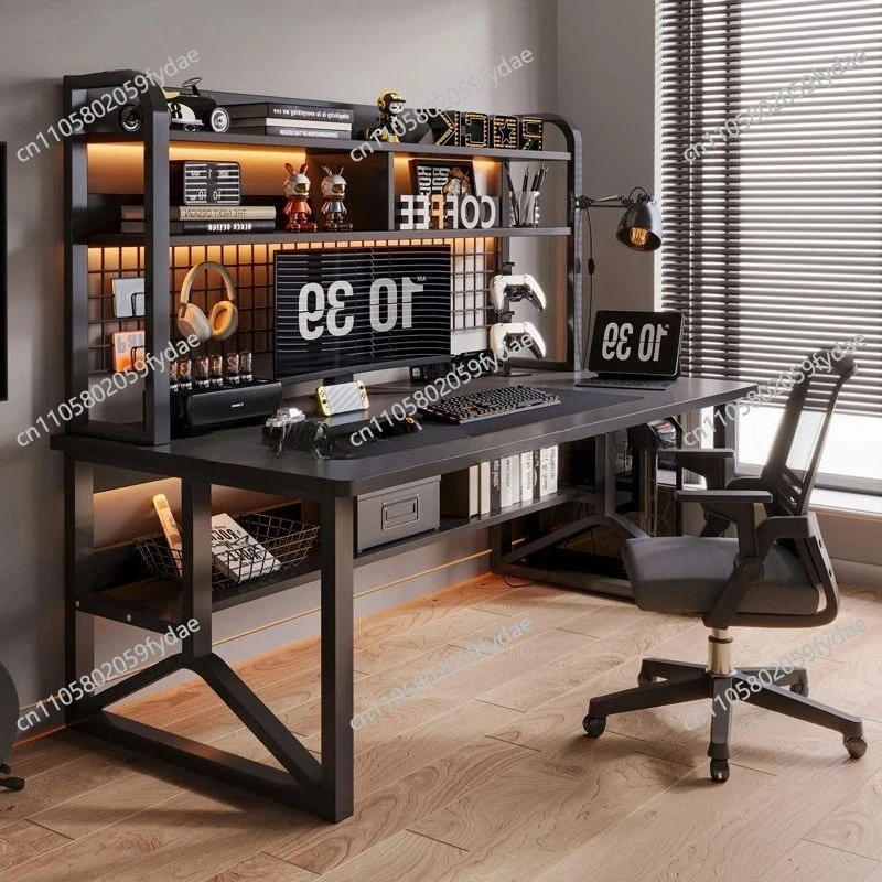 Black Wide Students Study Desk Modern Office Sturdy PC Desk with Shelf Y-Shaped Metal Frame Gaming Computer Table for Home Gamer