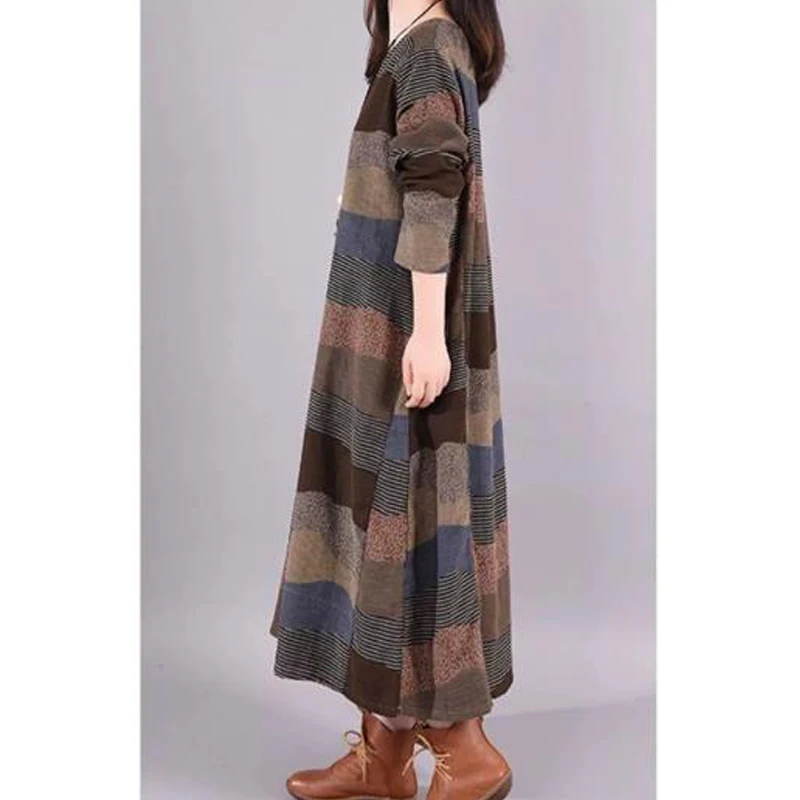 Women Vintage Boho Ethnic Style Striped Patchwork Cotton Linen Dresses Casual O Neck Long Sleeve Oversized Midi Dress Robe Femme