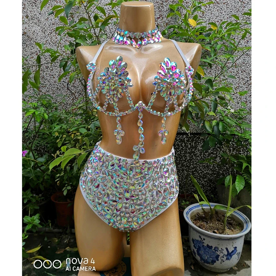 Women Belly Dancing Wire Bra Top High Waist Pants Samba Carnival Costume Hot Girl Nightclub Stage Dancer Wears Birthday Outfit