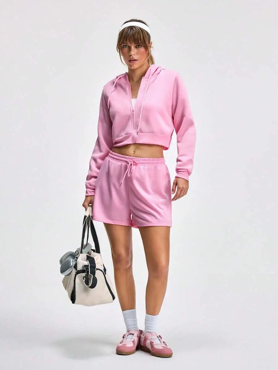 

Pink Solid Elastic Waist Knotted Relaxed Athletic Shorts For Women