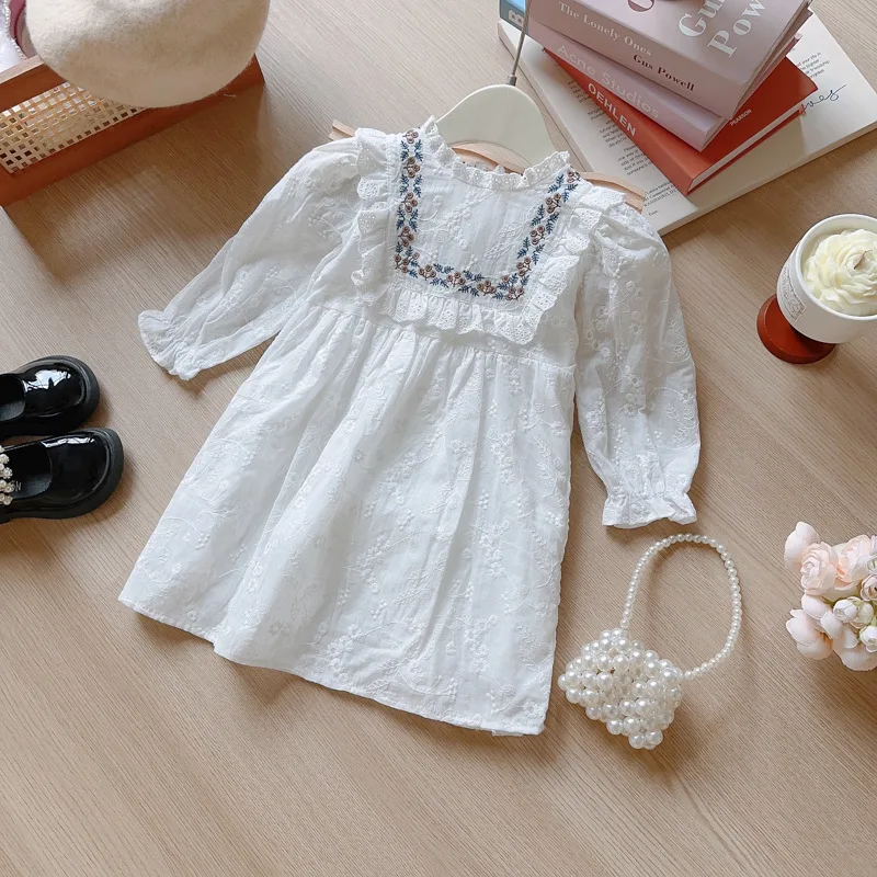 Girls Lace Dress Spring and Autumn New Fashion Sweet Long-sleeved Embroidered Doll Collar Princess Dress for 2-7y  Ropa De Niña