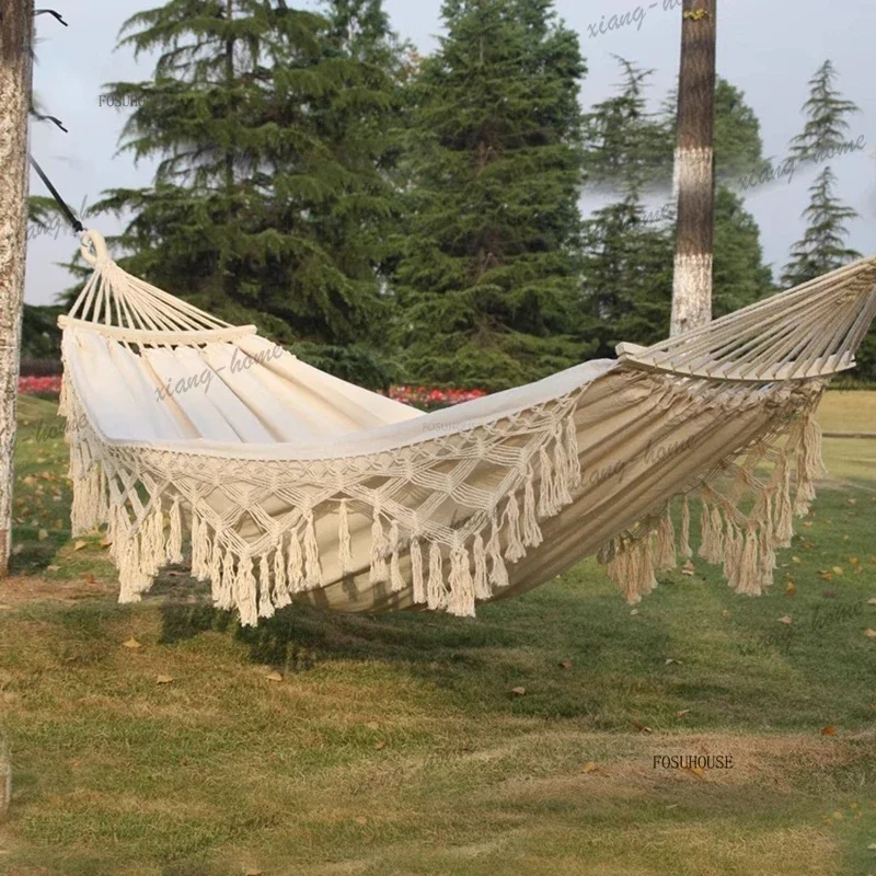 LSCreative Tassel Hammock Outdoor Swings Nordic Outdoor Furniture Anti-rollover Adult Indoor Canvas Bed Home Portable Camping Be