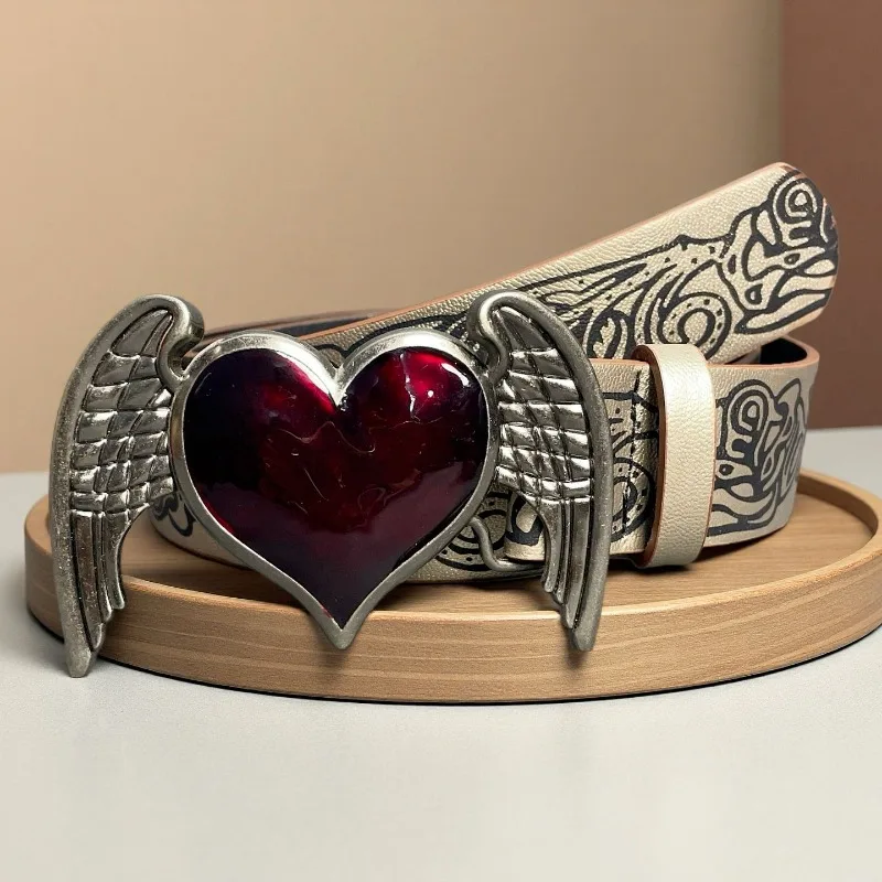 Fashionable Retro Punk-Style Embossed Heart-and-Wings Women’s Belt TrendyEdgy Versatile and Exquisite Niche Accessory Belt