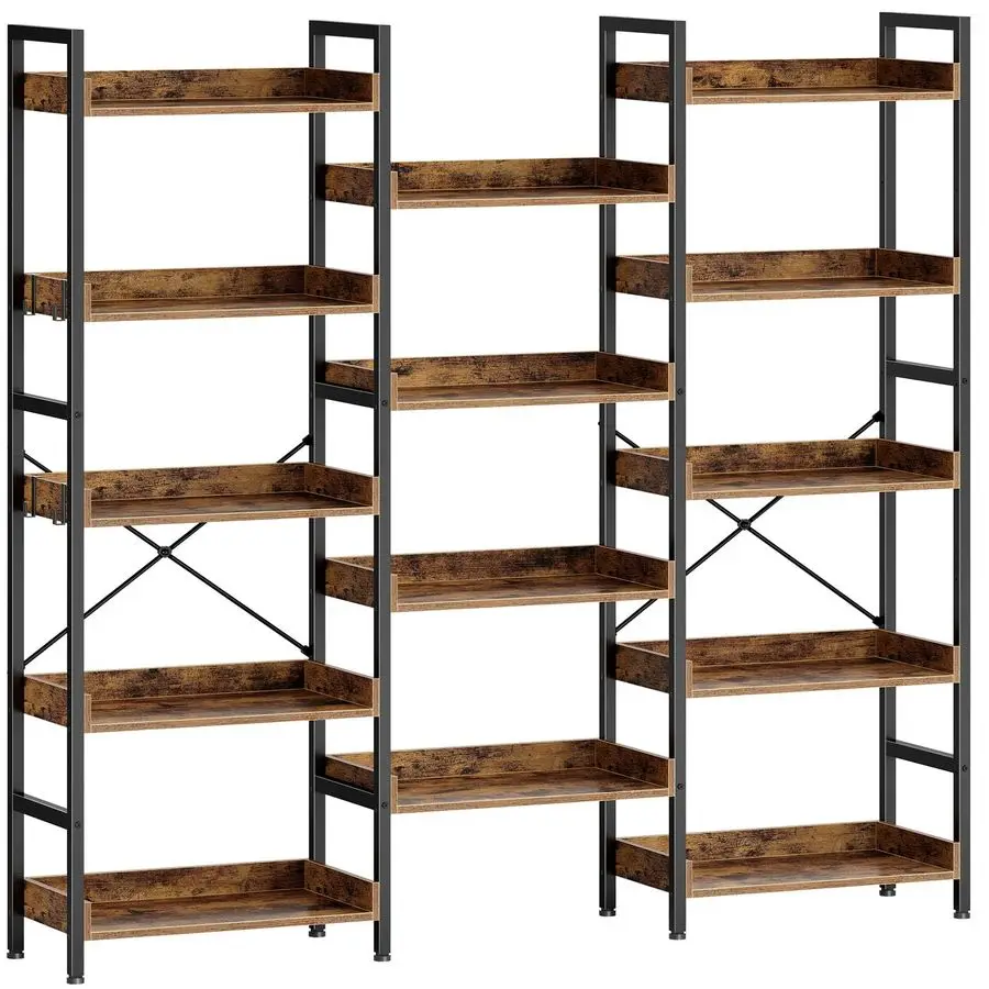 

Bookshelf 5 Tiers, Triple Bookcase with Open Display Shelves, Industrial Wide Bookshelf with Metal Frame for Living Room, Offic