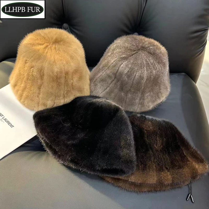 New Style Winter Women 100% Real Mink Fur Bucket Hats Natural Warm Mink Fur Hat Female Outdoor Fashion Genuine Mink Fur Cap