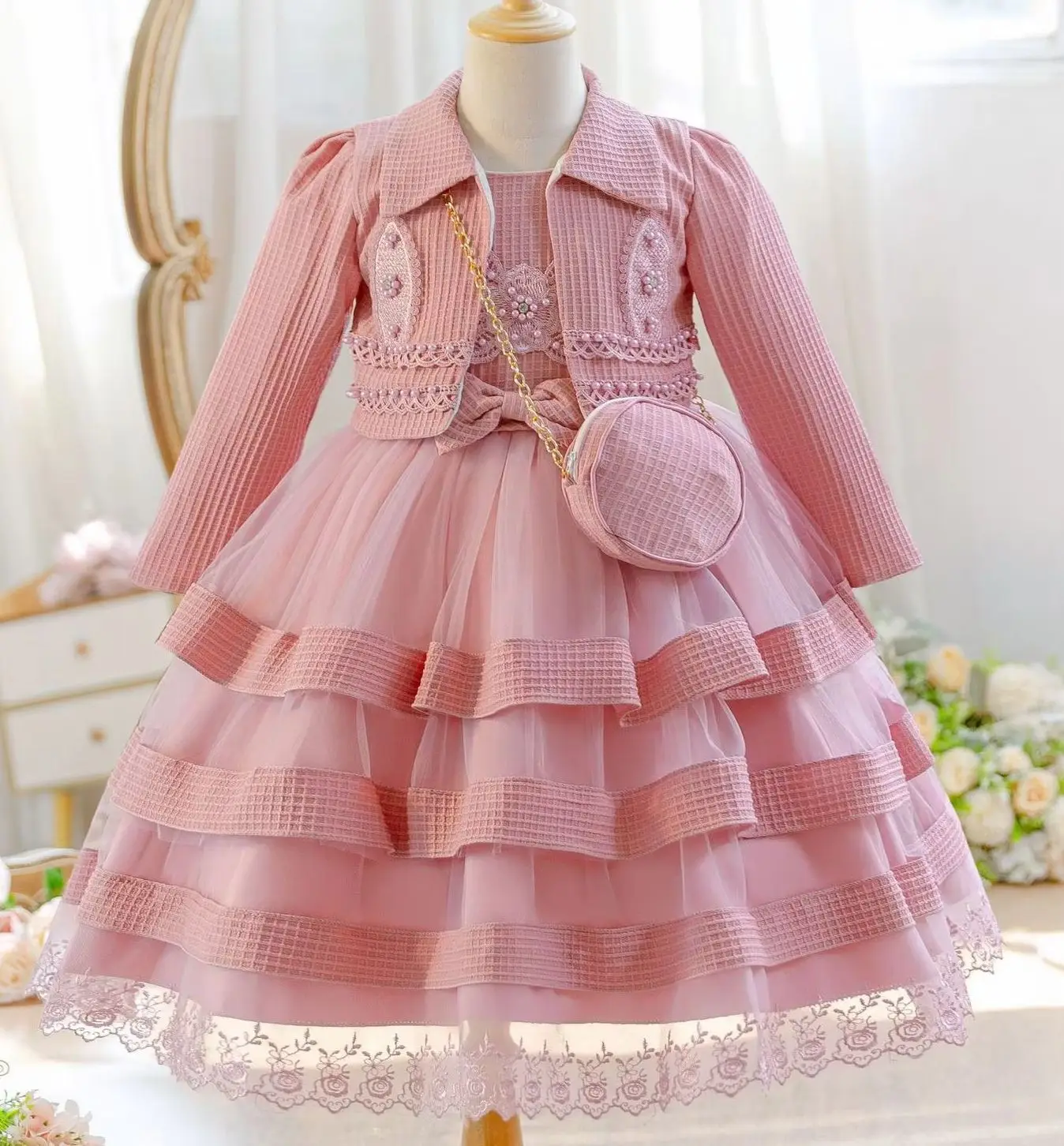 Long Sleeve Formal Princess Dresses Elegant Girl Party Dress Beading 3 PCS Set Kids' Clothes with Bag 4 to 10 Year