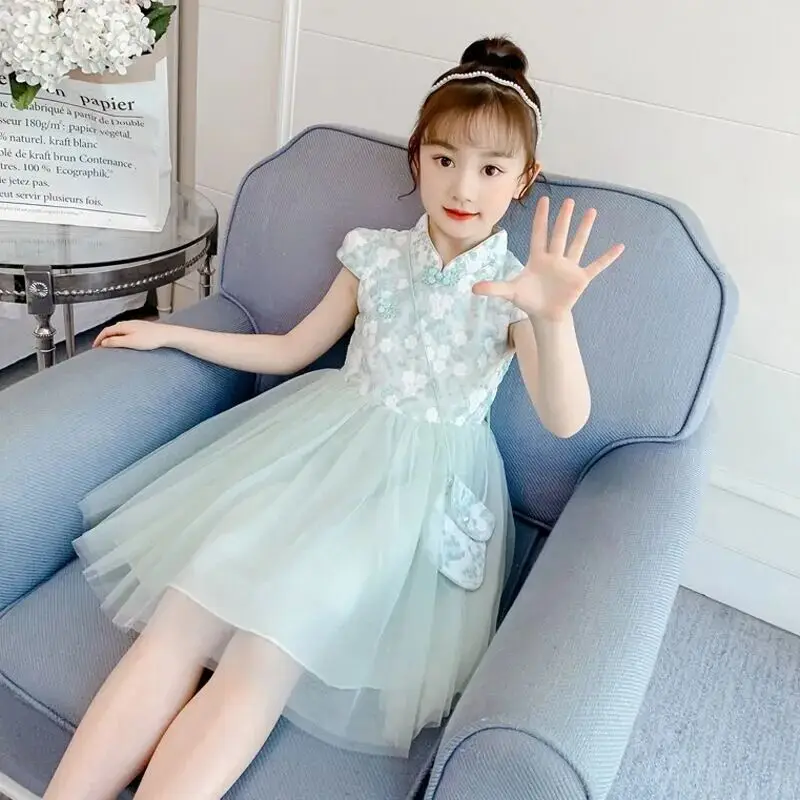 

Летняя одежда для девочек, новое платье Cheongsam, детское платье в китайском стиле с длинными рукавами, платье принцессы Hanfu для девочек
