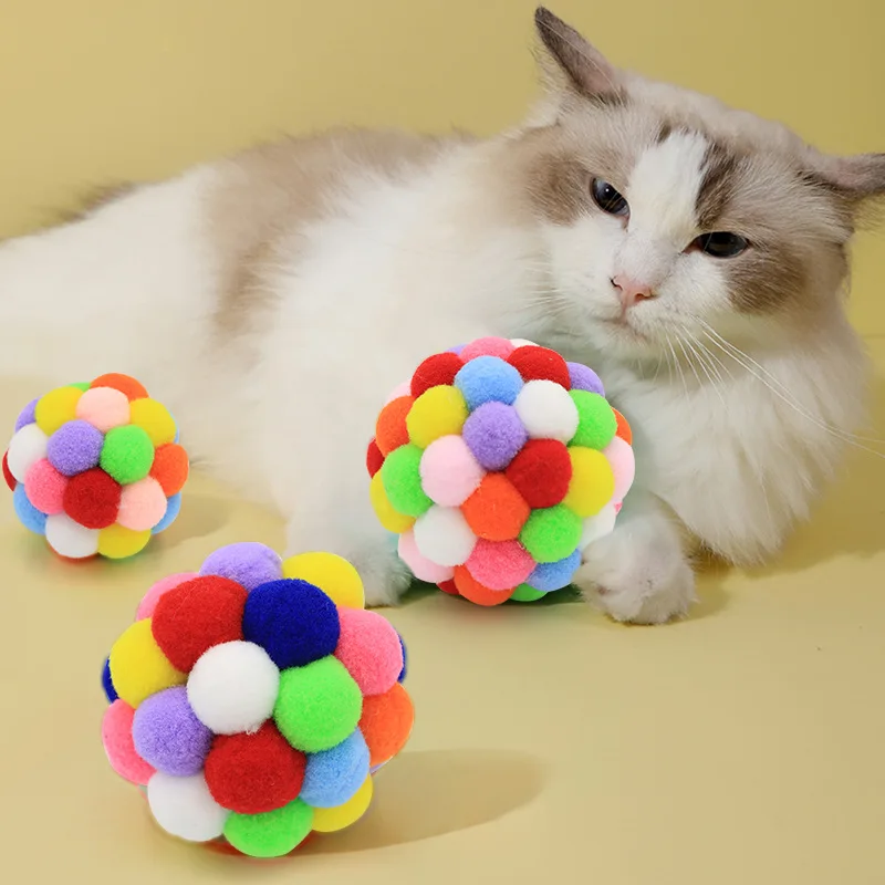 Colorful Pet Cat Ball Toy Interactive Cat Toy Kitten Plush Poms Ball Tease Pet Cat Throwing Chew Kitten Toy Pet Supplies