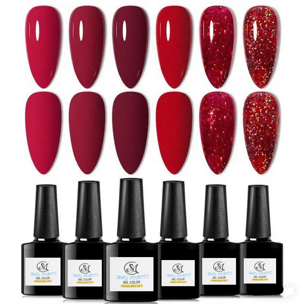 6色オールシーズンジェルネイルポリッシュセット ヌードピンクレッドグリッター セミパーマネントUVジェルポリッシュキット マニキュア用ソークオフジェル