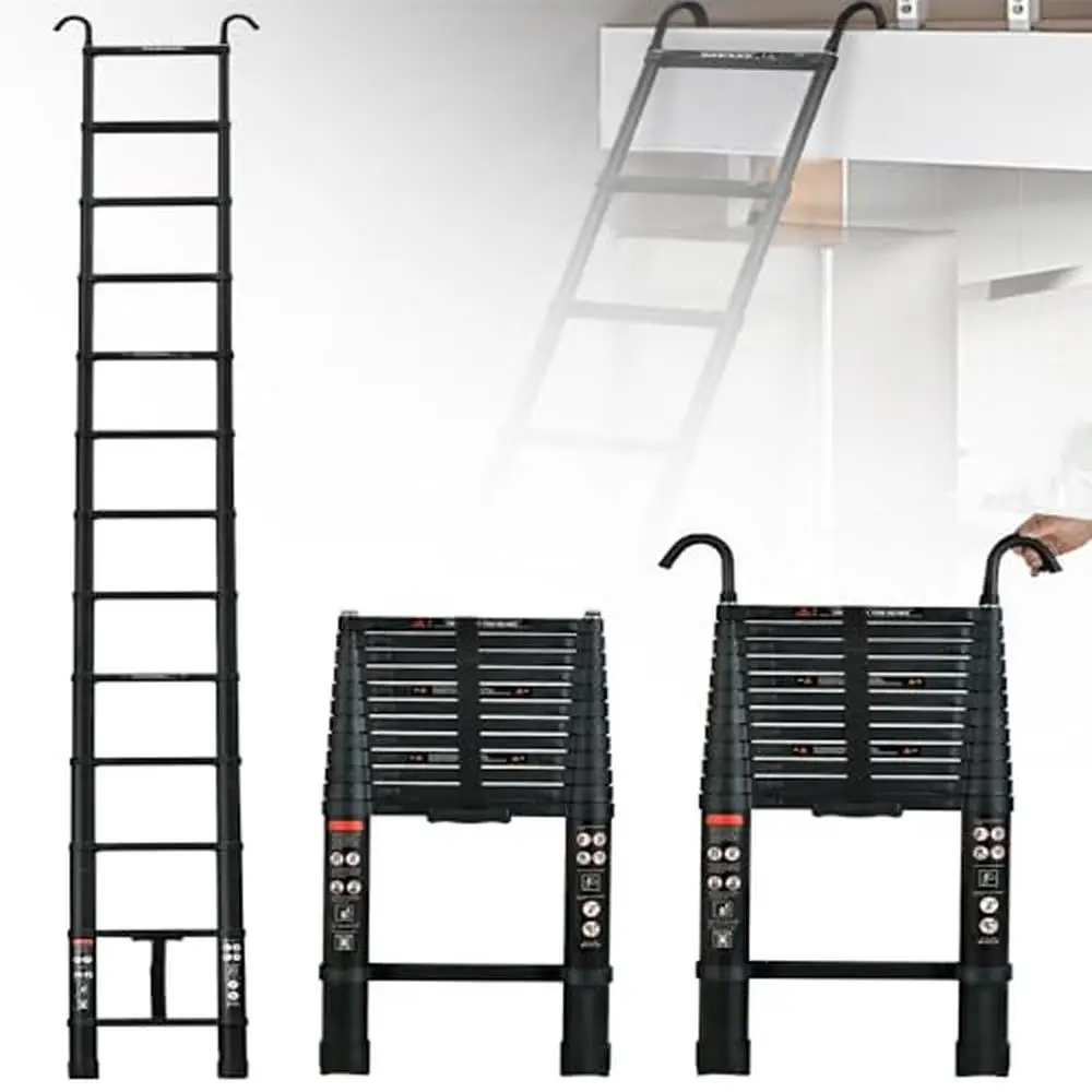 

12.5FT Telescoping Aluminum Ladder Lightweight Compact Multi-Purpose with 2 Detachable Hooks Non-Slip Extension Portable Brand