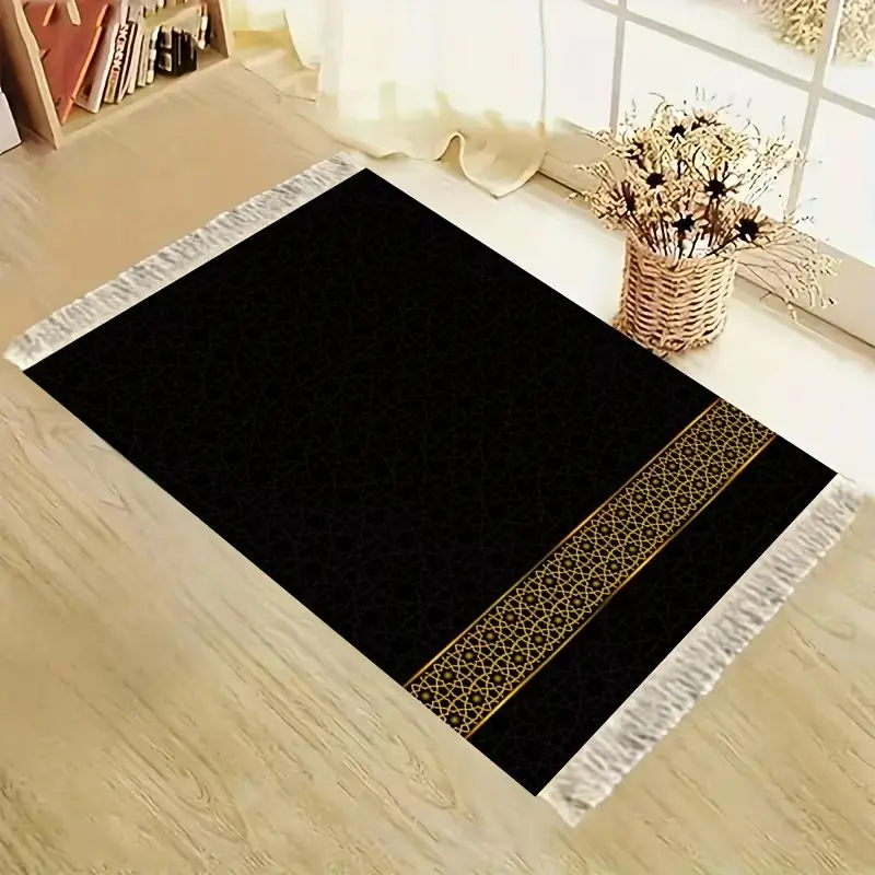 VIKAMA Black Gold Islamic Geometric Sejadah Prayer Mat Fringed Foldable Portable Alfombra Muslim Salat Worship Rug