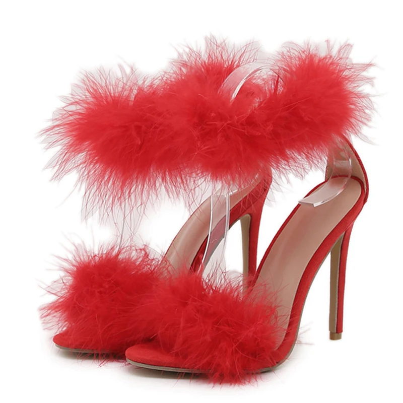 Liyke Summer Fashion Faux Fur Ankle Strap Sandals Women Open Toe Fluffy Feather High Heels Party Dress Shoes Sandalias De Mujer