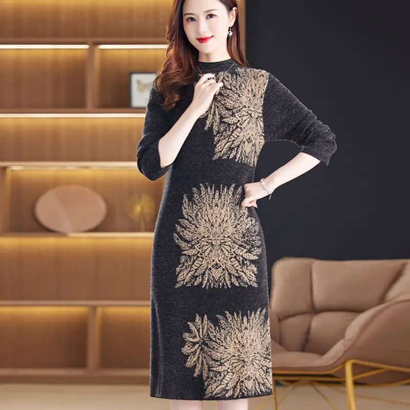 Women Oversize False Mink Velvet Knit Dress 2023 Autumn New Fashion Elegant Half High Collar Female Bottom Sweater Dresses