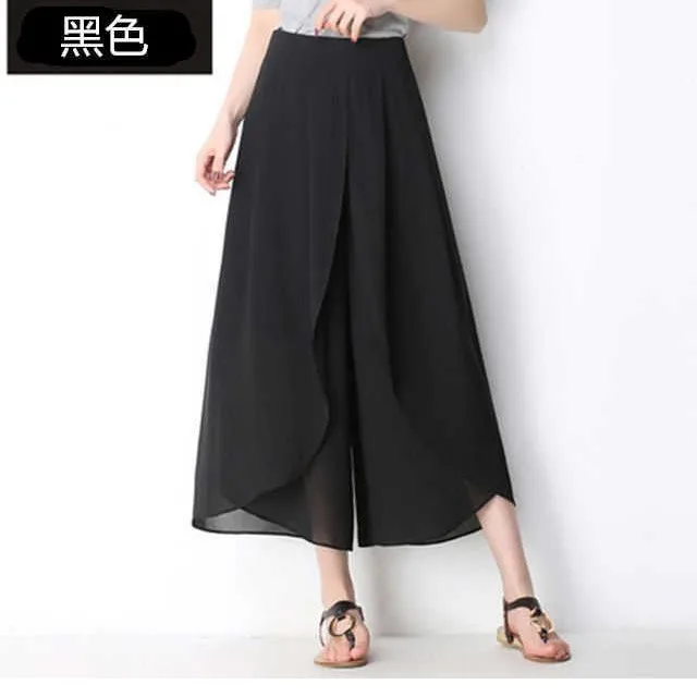 ชีฟองสีทึบกางเกงขากว้างเก้าส่วนแฟชั่นฤดูร้อนใหม่เอวสูงสบายๆเส้นด้ายตาข่ายบางกางเกงหลวมสําหรับผู้หญิง